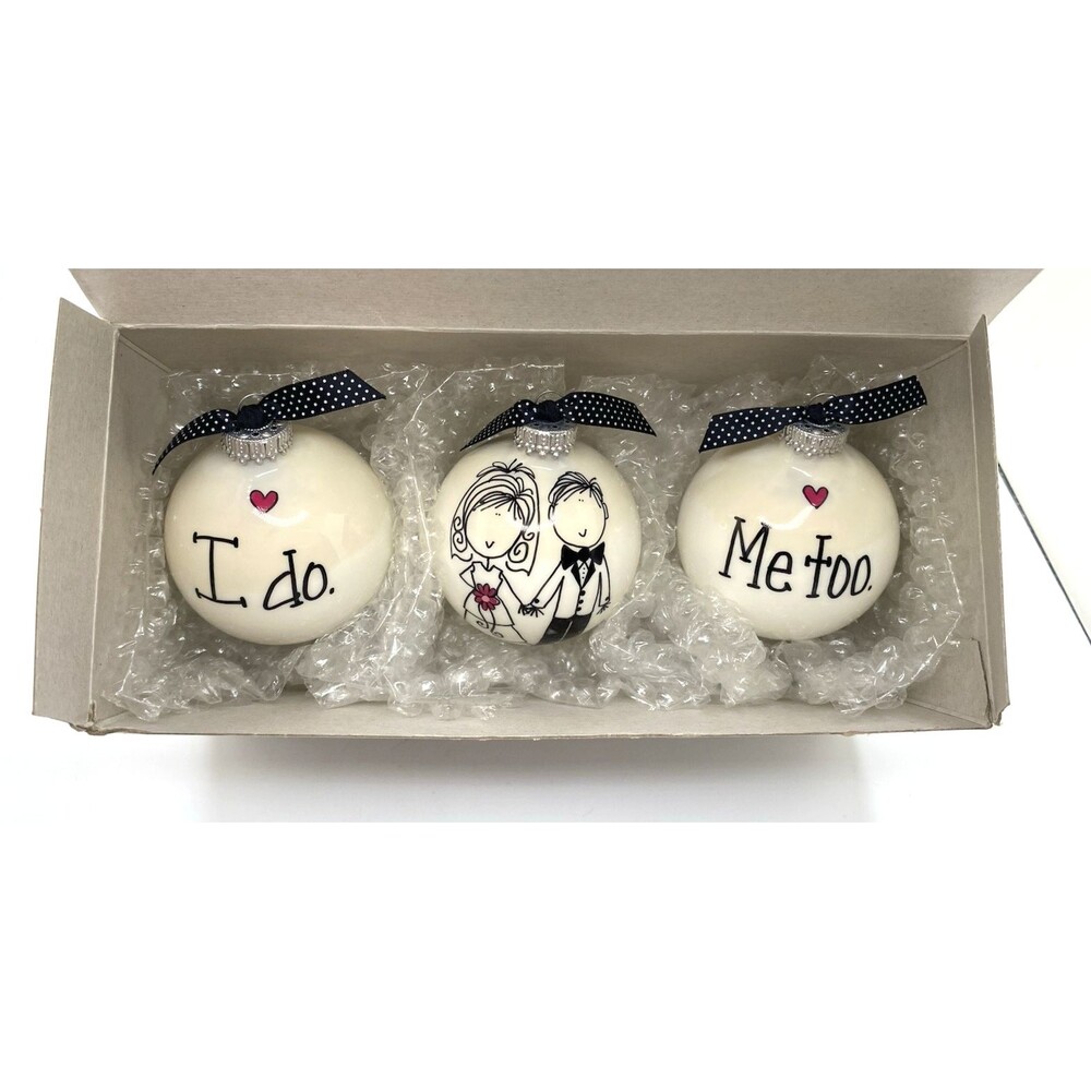 Handpainted Newlywed Wedding Christmas Gift Ornament Keepsake Set I DO. ME TOO.